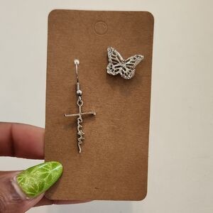 Silver Cross and Butterfly Earring Set - Silver